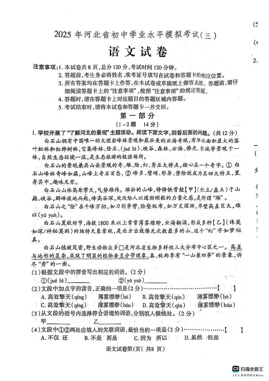河北省定州市2025年九年级三模语文试卷 河北省2024-2025学年九年级三模语文试卷第1页