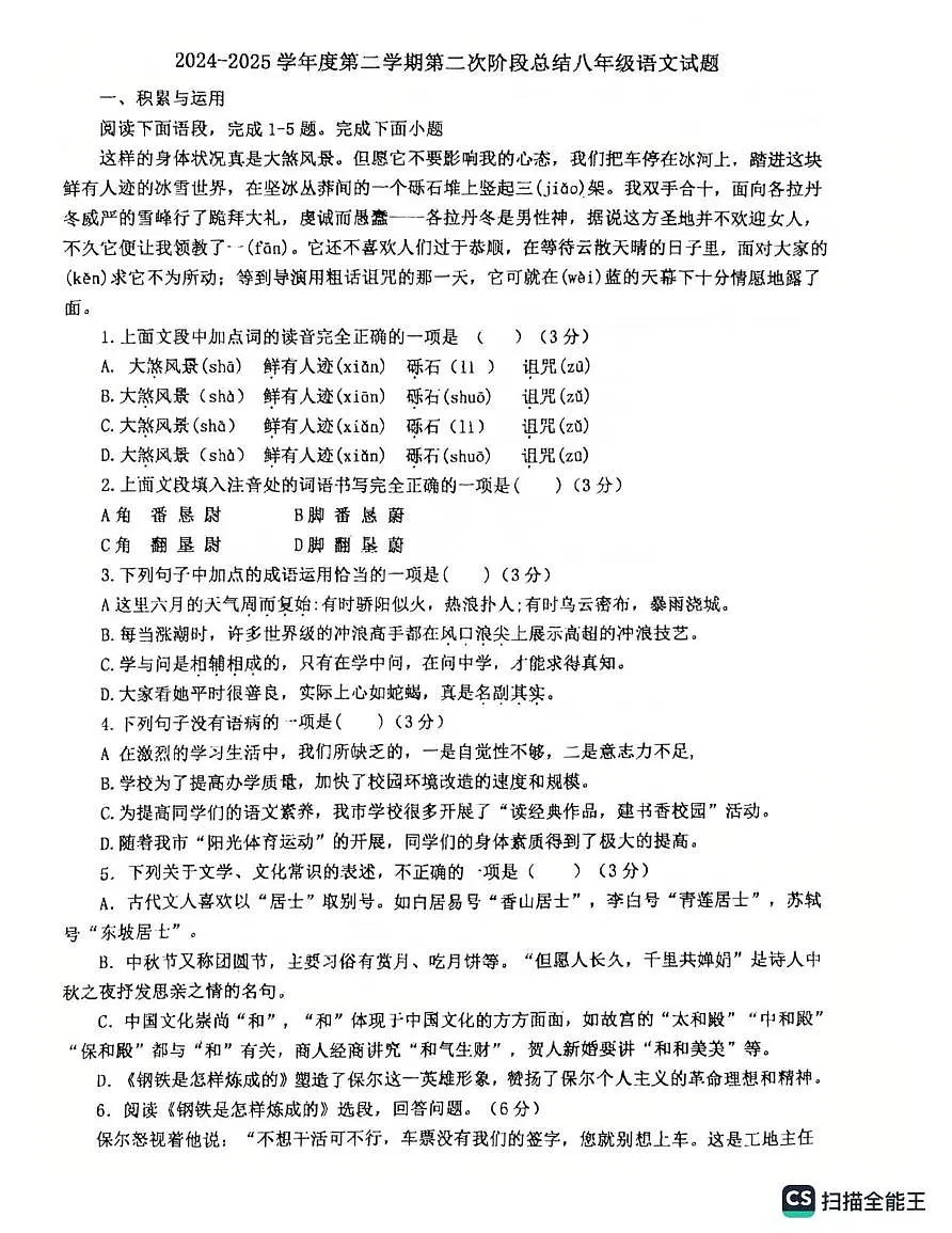 山东省德州市齐河县校联考2024-2025学年八年级下学期第二次月考语文试题第1页