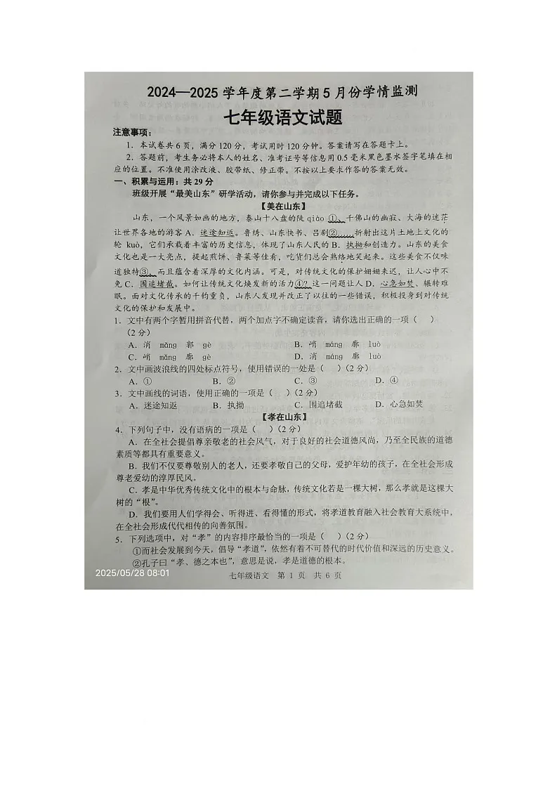 山东省金乡县2024-2025学年七年级下学期5月月考语文试题第1页