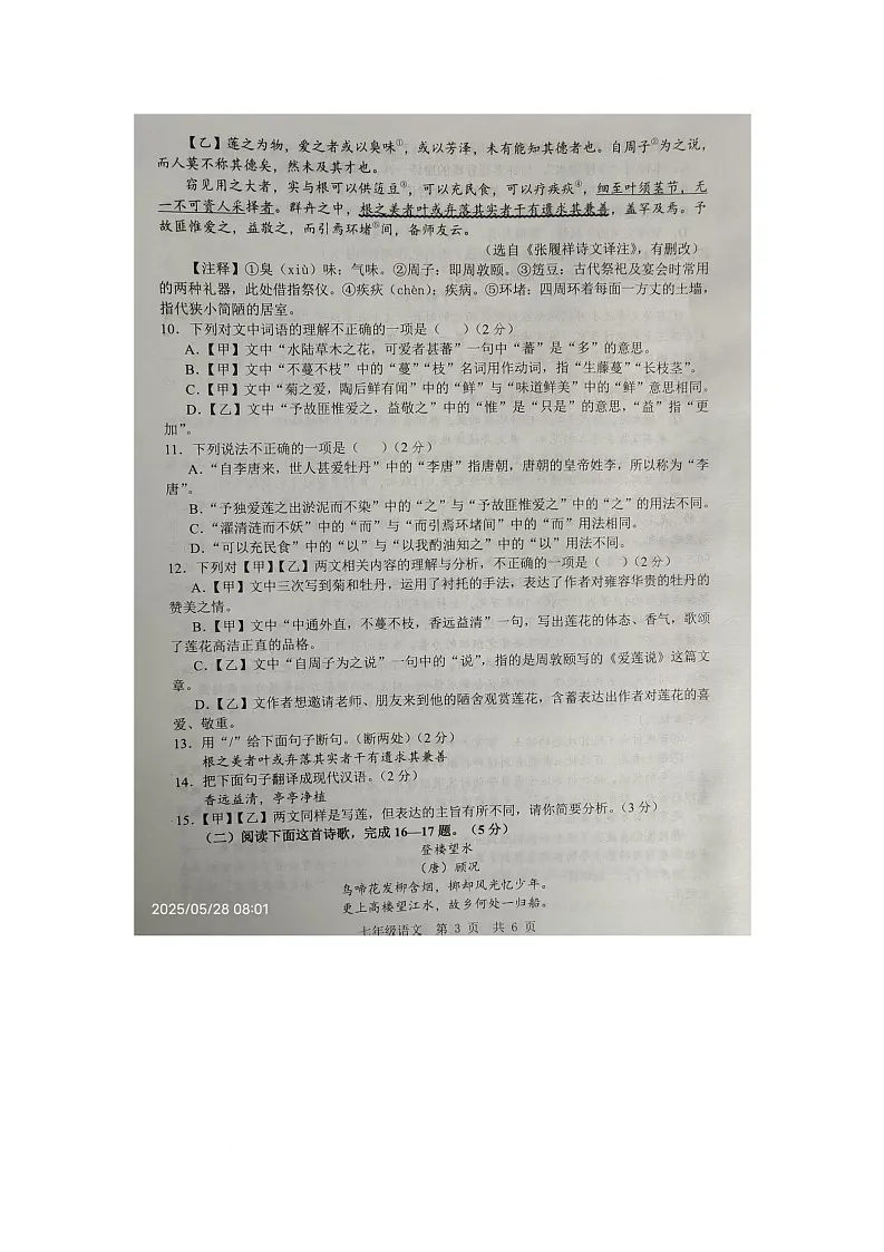 山东省金乡县2024-2025学年七年级下学期5月月考语文试题第3页