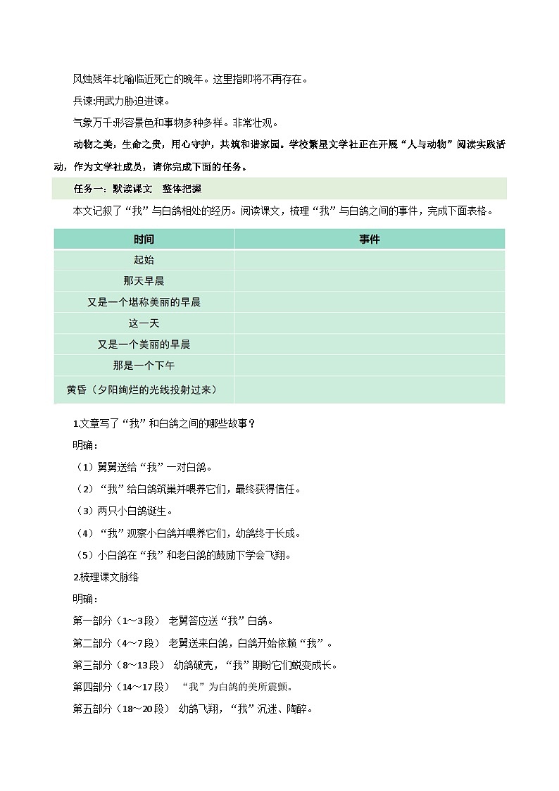 新人教部编版语文七上 5-18《我的白鸽》 教学设计第3页