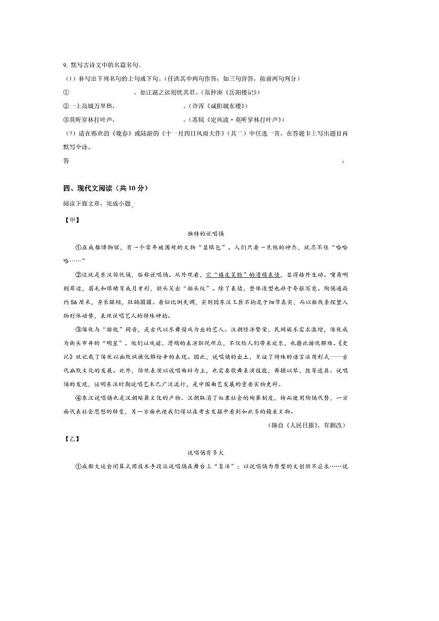 2025年四川省成都市树德中学九年级中考三模语文试卷(含答案)第3页