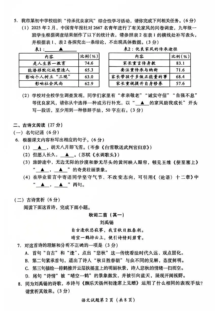 2025年四川省泸州市中考语文真题无答案第2页