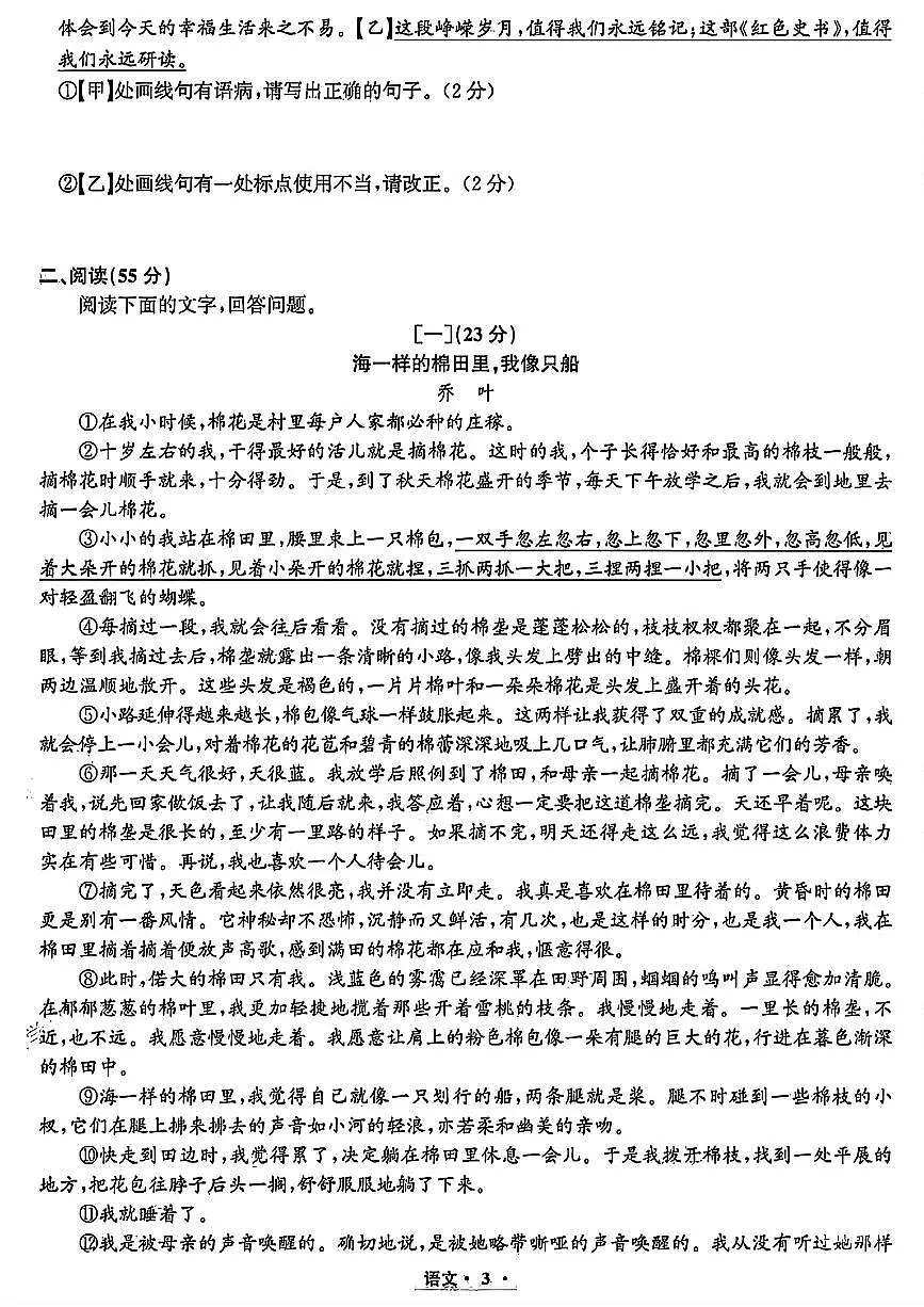 2025年安徽省九年级中考语文试卷(PDF版,含答案)第3页