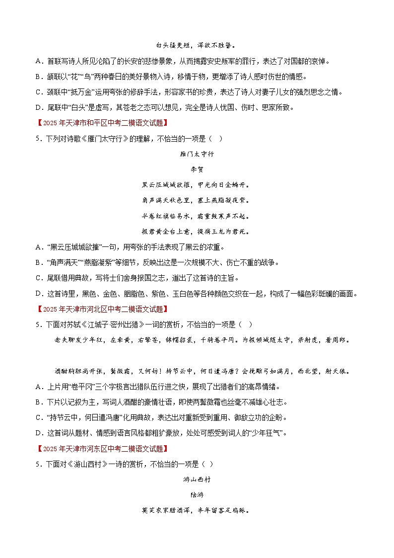 专题05 诗歌赏析(天津专用)(原卷版)第2页