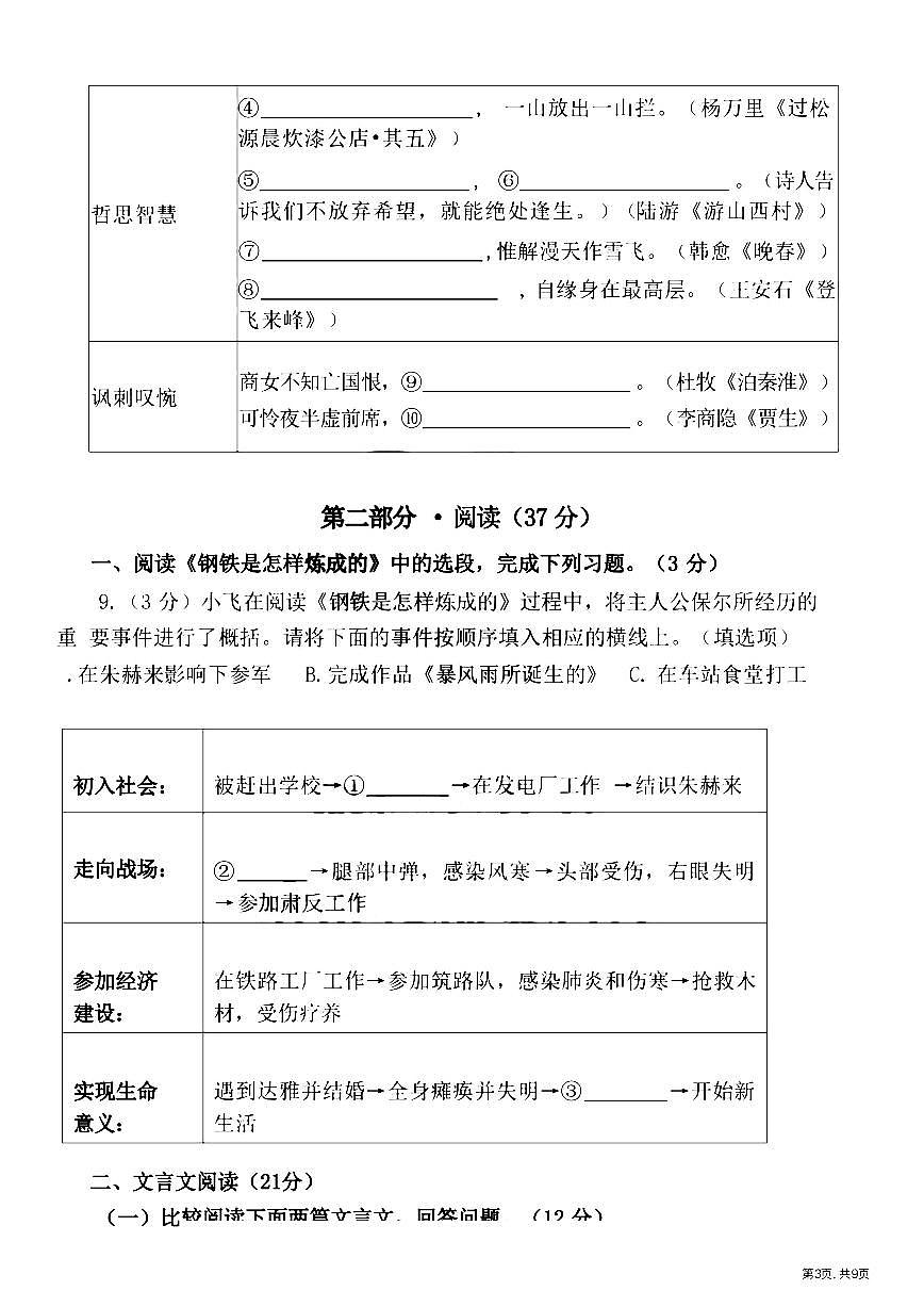 2025年哈尔滨市虹桥中学七年级(下)6月月考语文试卷及答案第3页