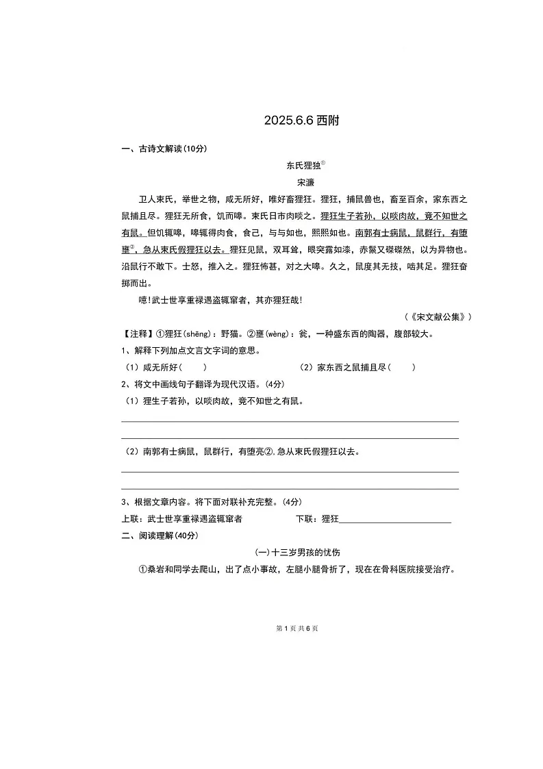 2025年重庆西南大学附属中学小升初自主招生语文试题(中考模拟)第1页