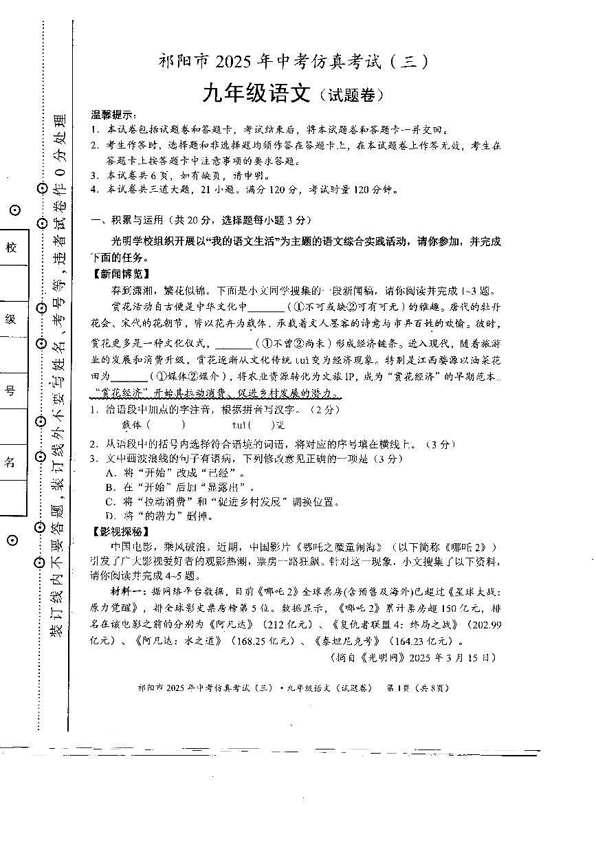 湖南省永州市祁阳市2025年中考模拟(三)语文试卷(pdf版含答案)第1页
