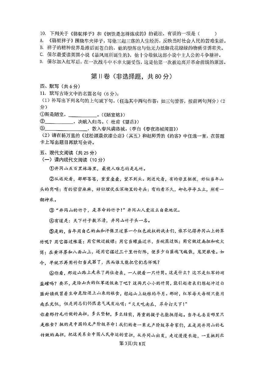 四川省成都市武侯区成都市棕北中学2024-2025学年七年级下学期6月月考语文试题第3页