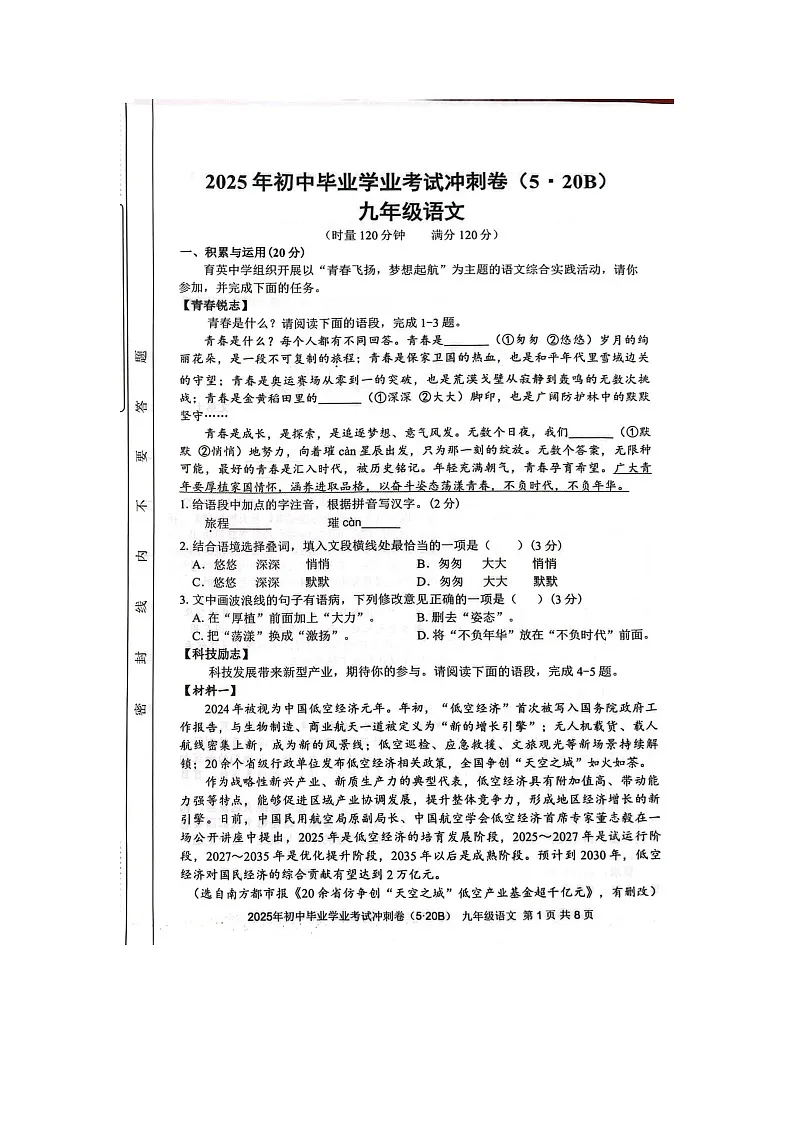湖南省娄底市冷水江市2025年中考二模 语文试题第1页