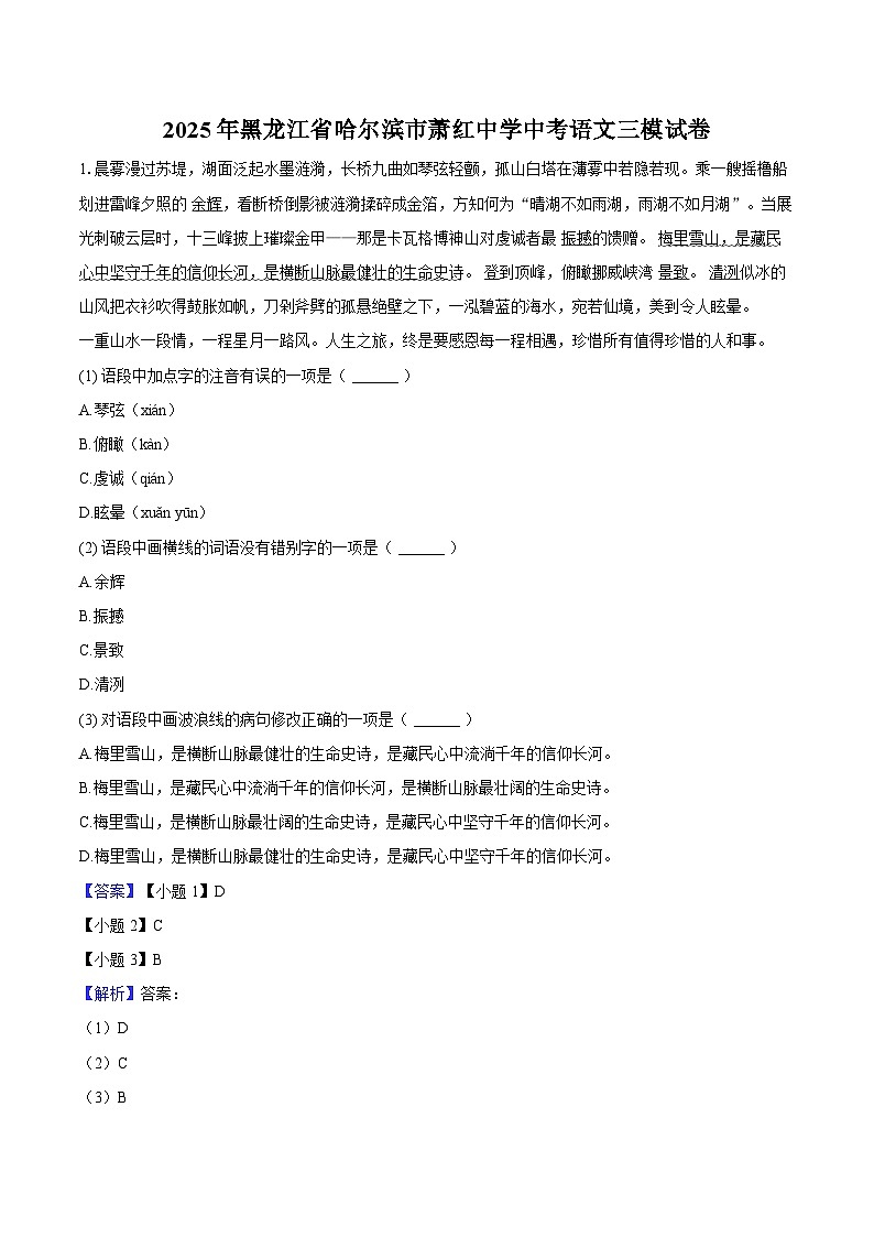 2025年黑龙江省哈尔滨市萧红中学中考语文三模试卷第1页