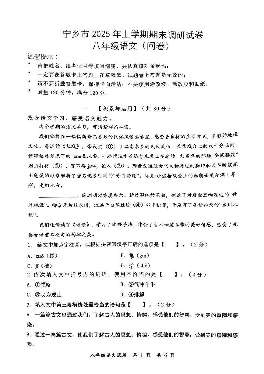 宁乡市2025年上学期语文期末调研试卷第1页