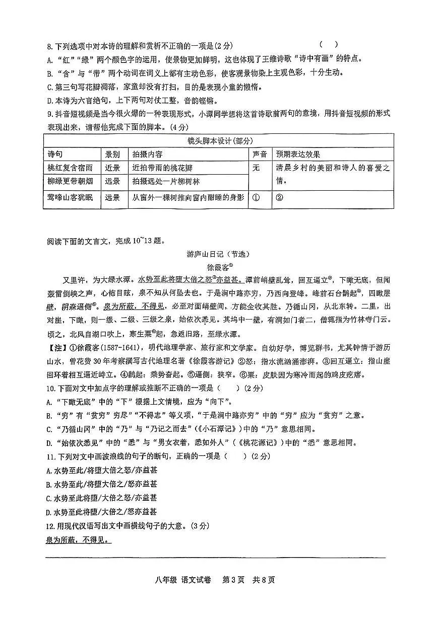湖南省湘潭市一中教育集团2024-2025学年八年级下学期期末考试语文试卷第3页