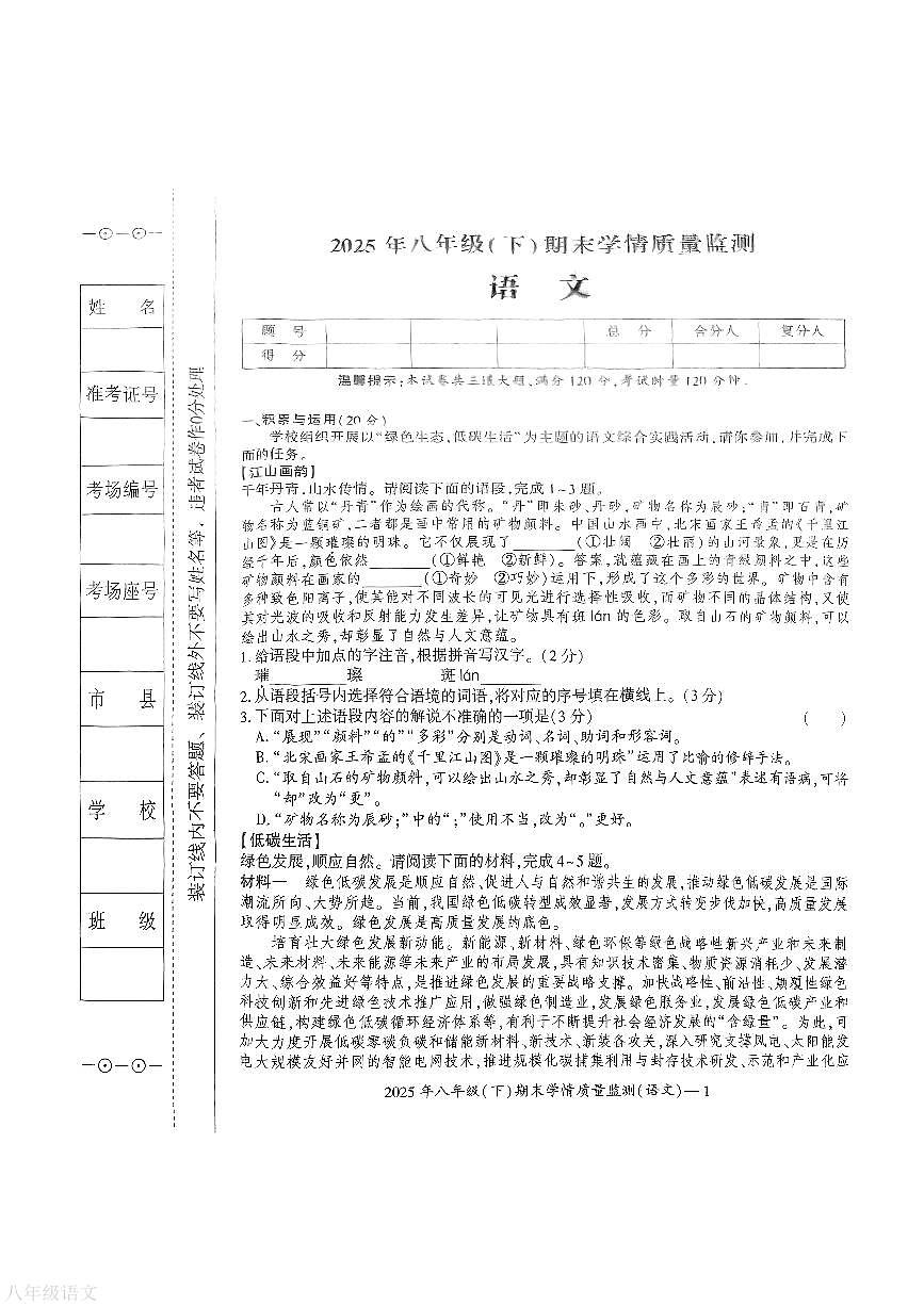 湖南省邵阳市新宁县乡镇联考2024-2025学年八年级下学期6月期末语文试题第1页