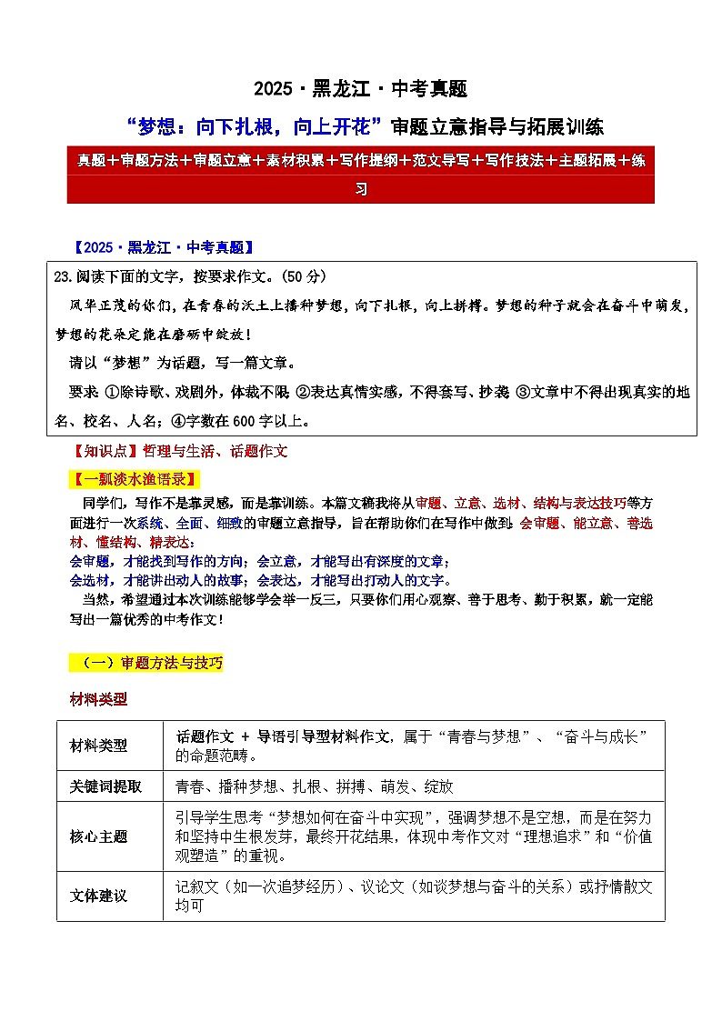 2025 黑龙江 中考真题“梦想:向下扎根,向上开花”审题立意指导与拓展训练-2025年中考语文作文真题解析与导写第1页