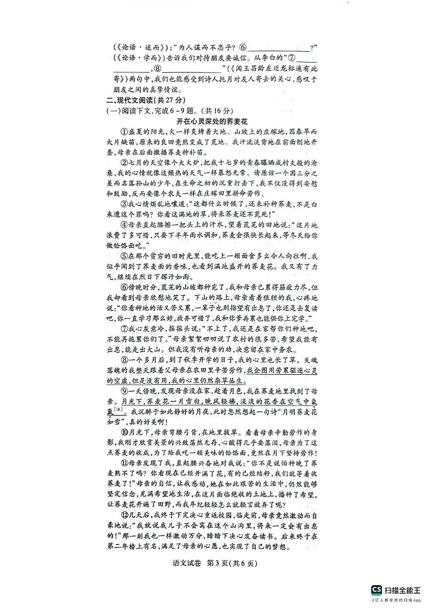 河南省安阳市安阳县2024-2025学年七年级上学期11月期中语文试题第3页