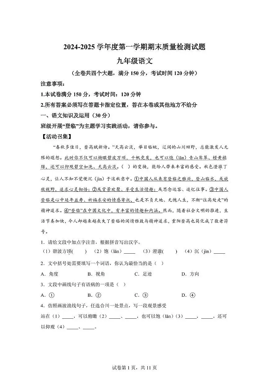 重庆合川区2024~2025学年九年级上学期期末语文试题(含解析)第1页
