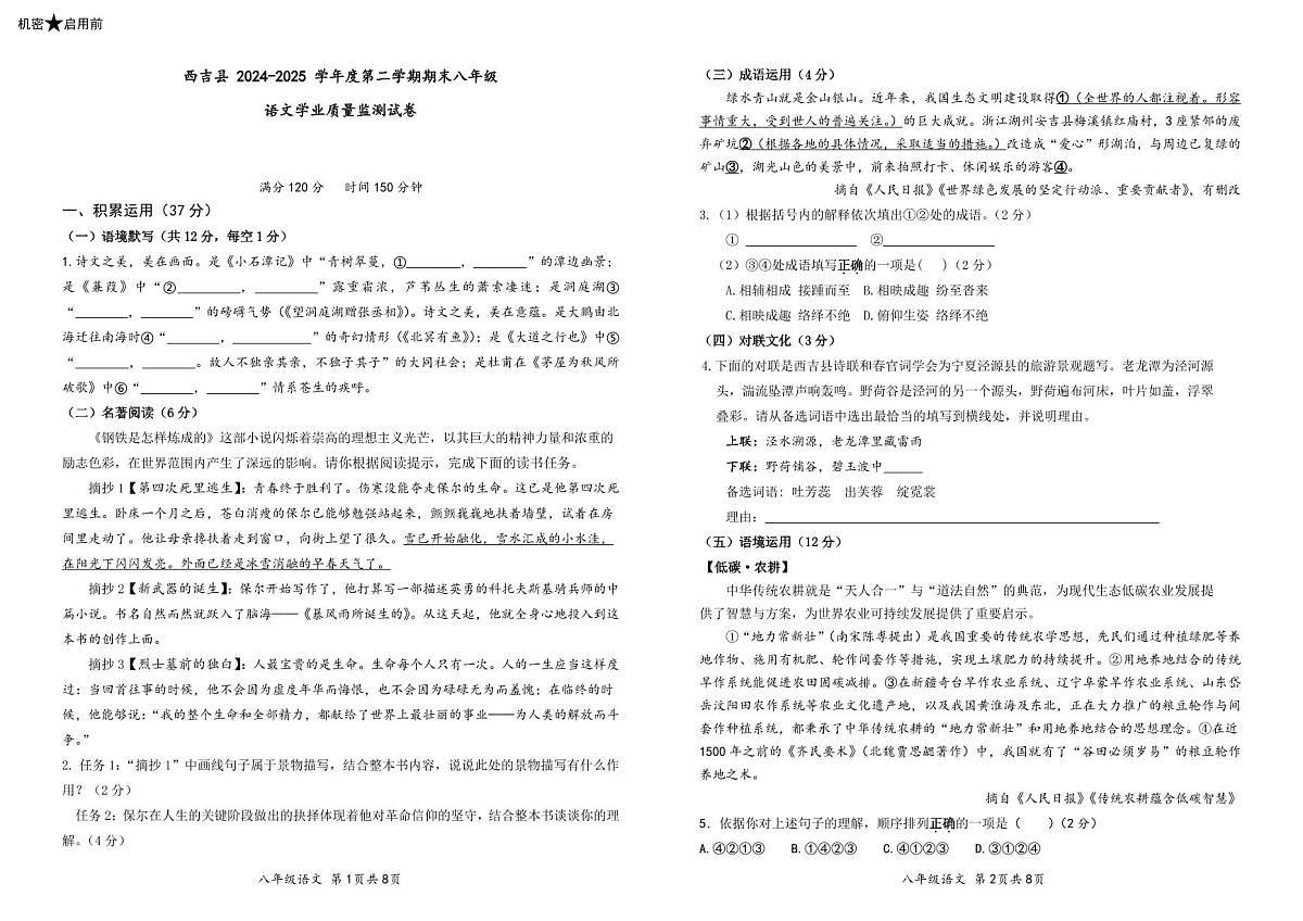 宁夏固原市西吉县2024—2025学年八年级下学期期末考试 语文试题第1页