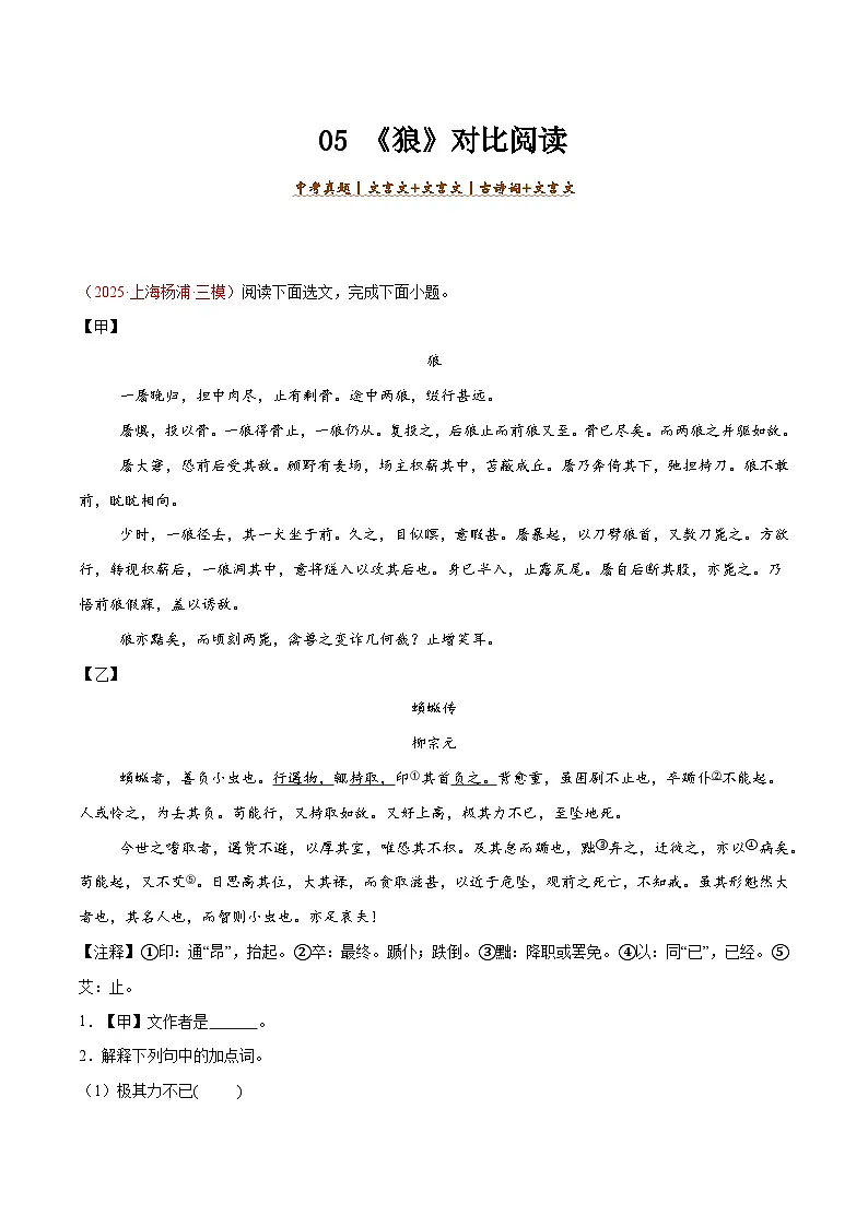 05. 《狼》对比阅读(解析版)-2026年中考语文之文言文对比阅读讲练(全国通用)第1页