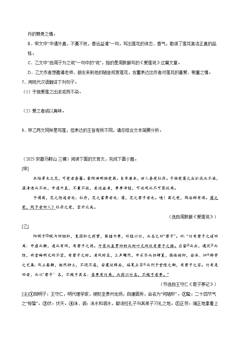 12. 《爱莲说》对比阅读(原卷版)-2026年中考语文之文言文对比阅读讲练(全国通用)第3页