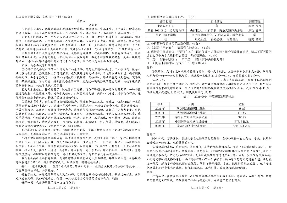吉林油田第十二中学2024~2025学年度第二学期期末质量检测 八年级语文试卷(含答案)第2页
