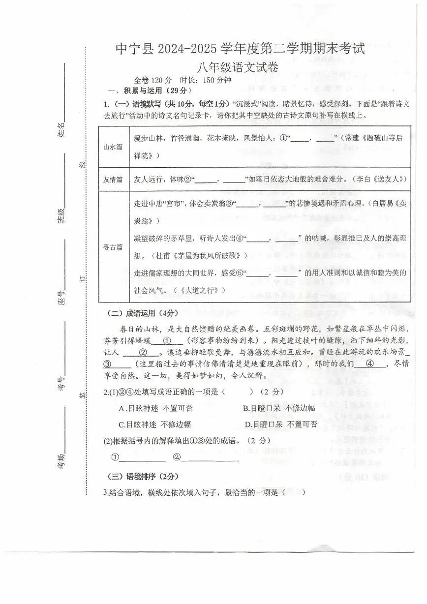 宁夏回族自治区中卫市中宁县2024-2025学年八年级下学期7月期末语文试题第1页