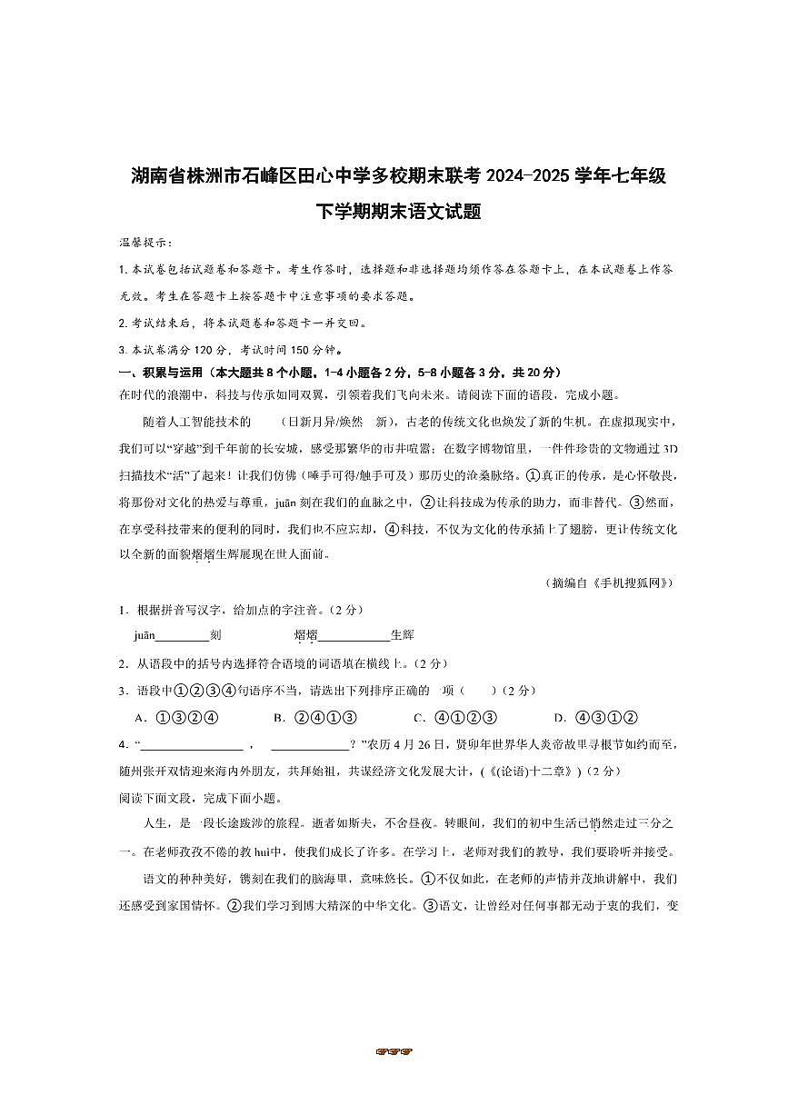 2024~2025学年湖南省株洲市石峰区田心中学多校联考(月考)七年级下6月期末语文试卷(含答案)第1页