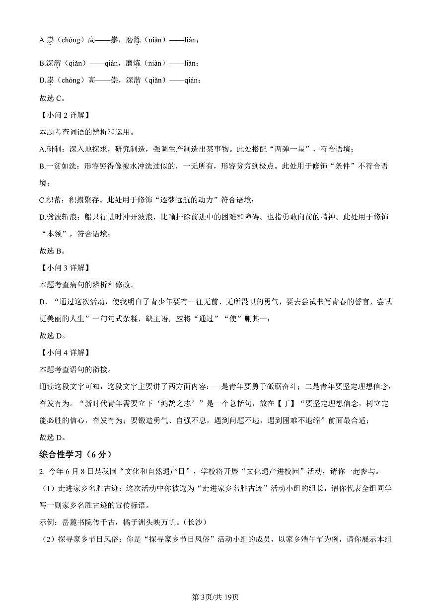 2024年东安县九年级下册期中语文试卷参考答案第3页