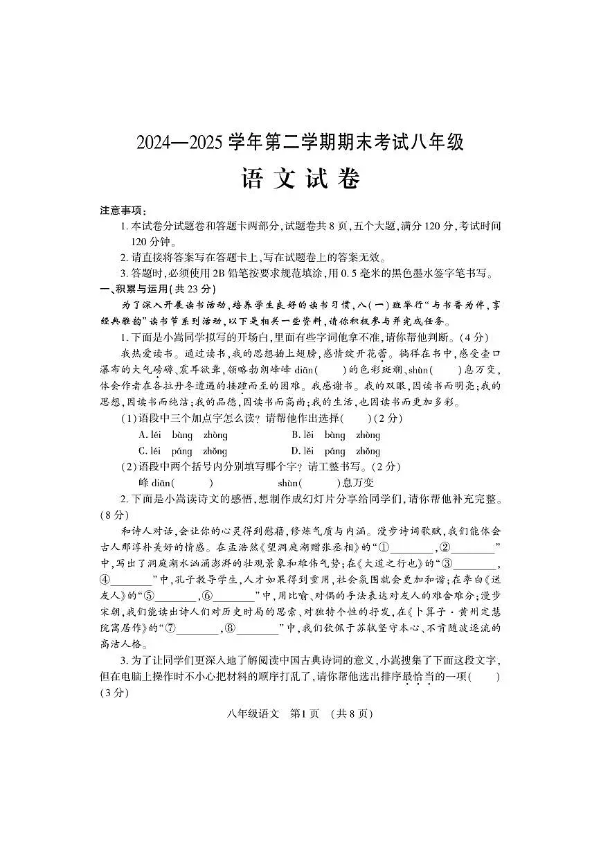 河南省洛阳市嵩县2024-2025学年八年级下学期期末考试 语文试卷第1页