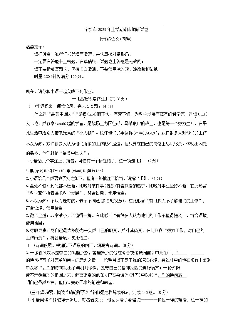 湖南省长沙市宁乡市2024-2025学年七年级下学期7月期末语文试题(含答案)第1页