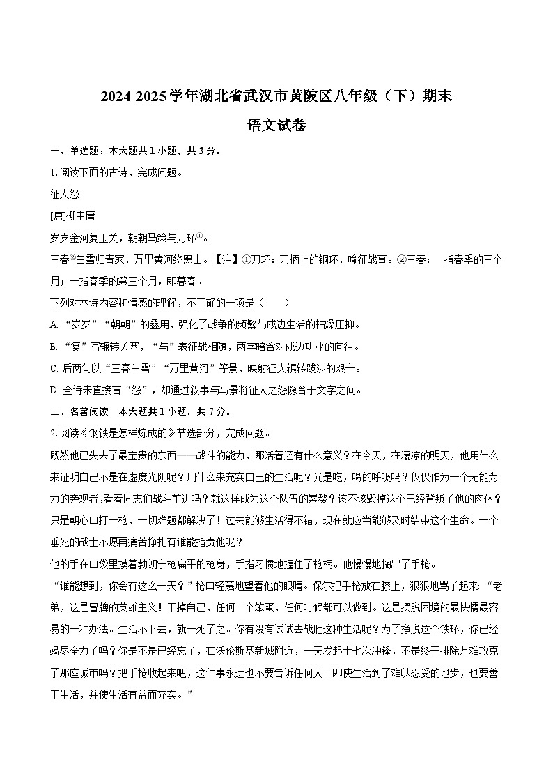 湖北省武漢市黃陂區(qū)2024-2025學(xué)年八年級(jí)下學(xué)期期末考試語文試卷（含答案）第1頁