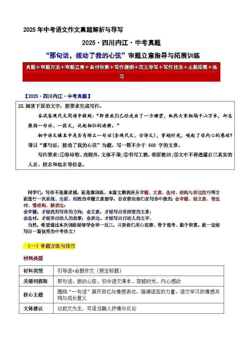 2025·四川内江·中考真题“那句话,拨动了我的心弦”审题立意指导与拓展训练-2025年中考语文作文真题解析与导写和范文第1页