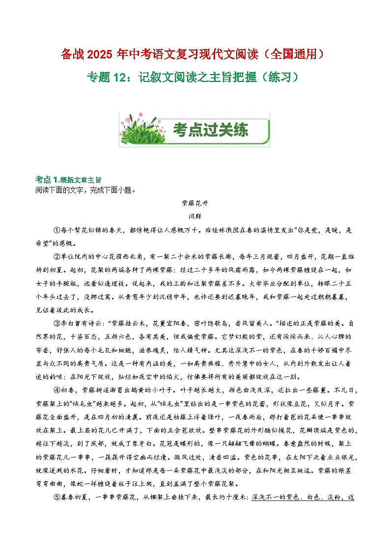 第1部分 专题12:记叙文阅读之主旨把握(练习)-2025年中考语文复习 现代文阅读(全国通用)(教师版)第1页