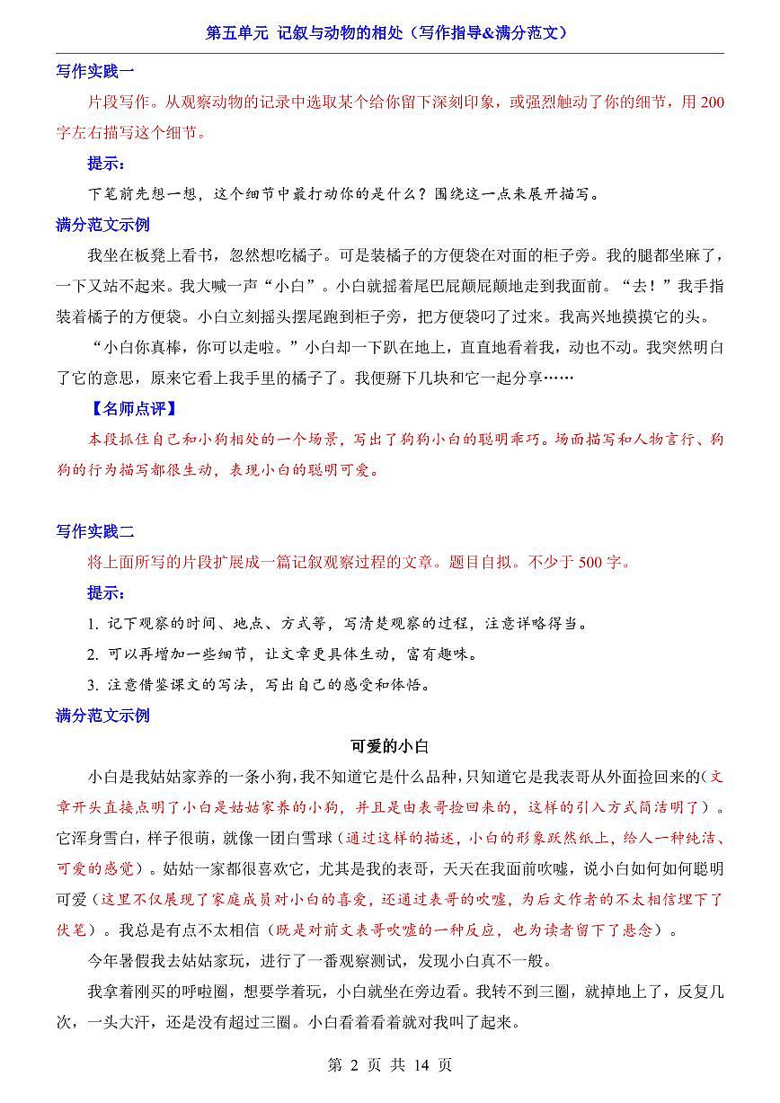2025新人教版七上语文期末复习第5单元 记叙与动物的相处(写作指导&满分范文)学案第2页