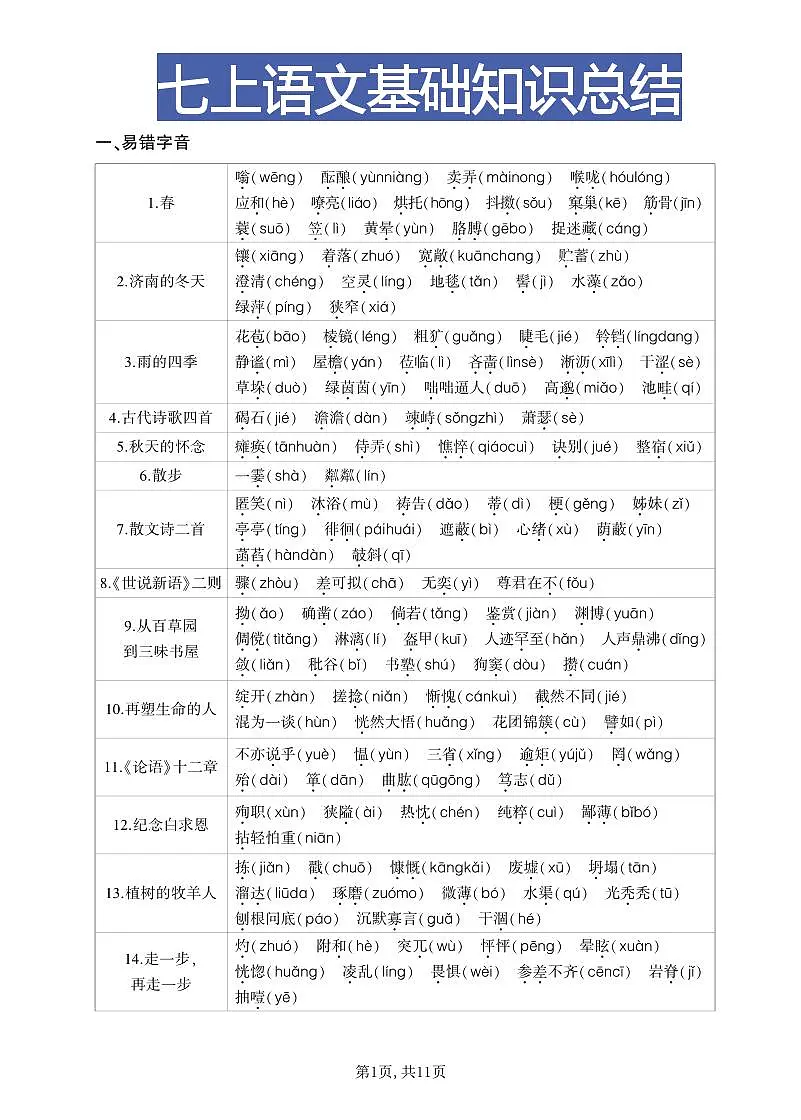 2025新人教版七上语文期末复习基础知识总结第1页