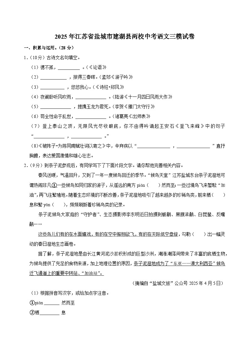 2025年江苏省盐城市建湖县两校中考语文三模试卷第1页
