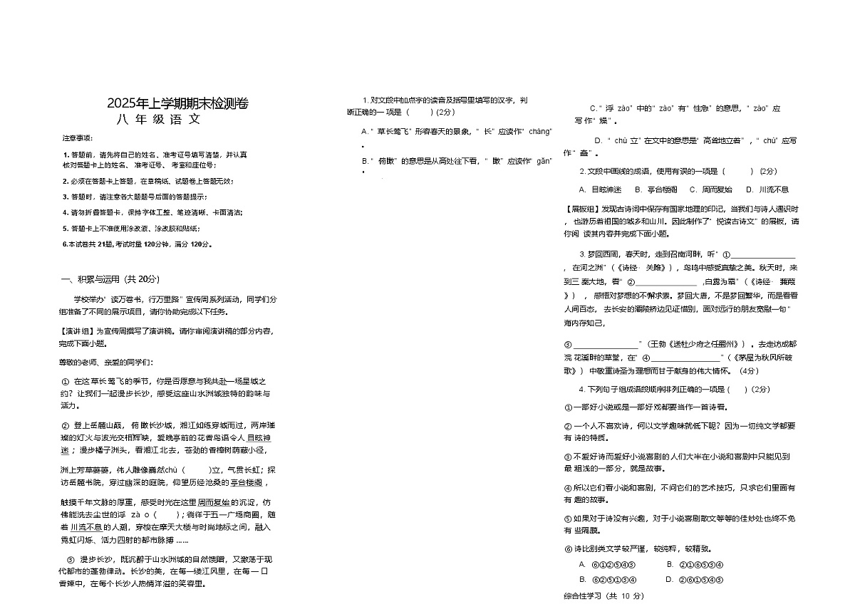 湖南省长沙市湖南师大附中特立学校2024-2025学年八年级下学期期末考试语文试题(无答案)第1页