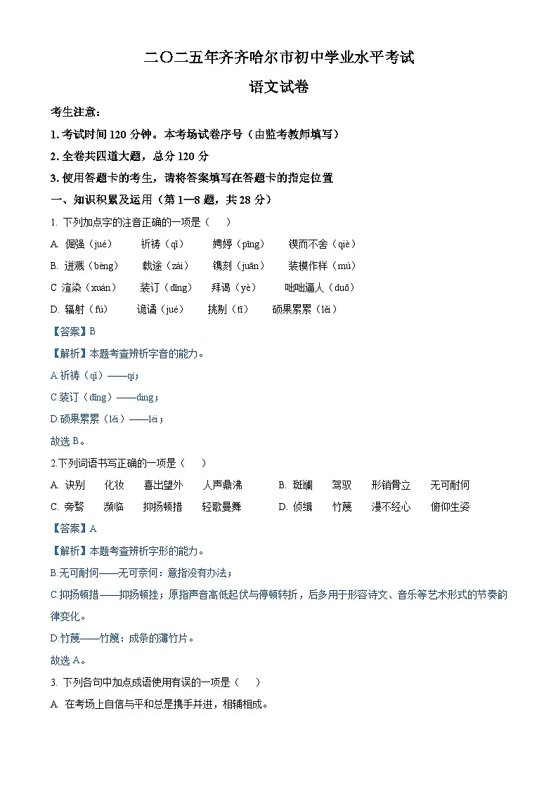 2025年黑龙江省齐齐哈尔市中考语文真题(解析版)第1页