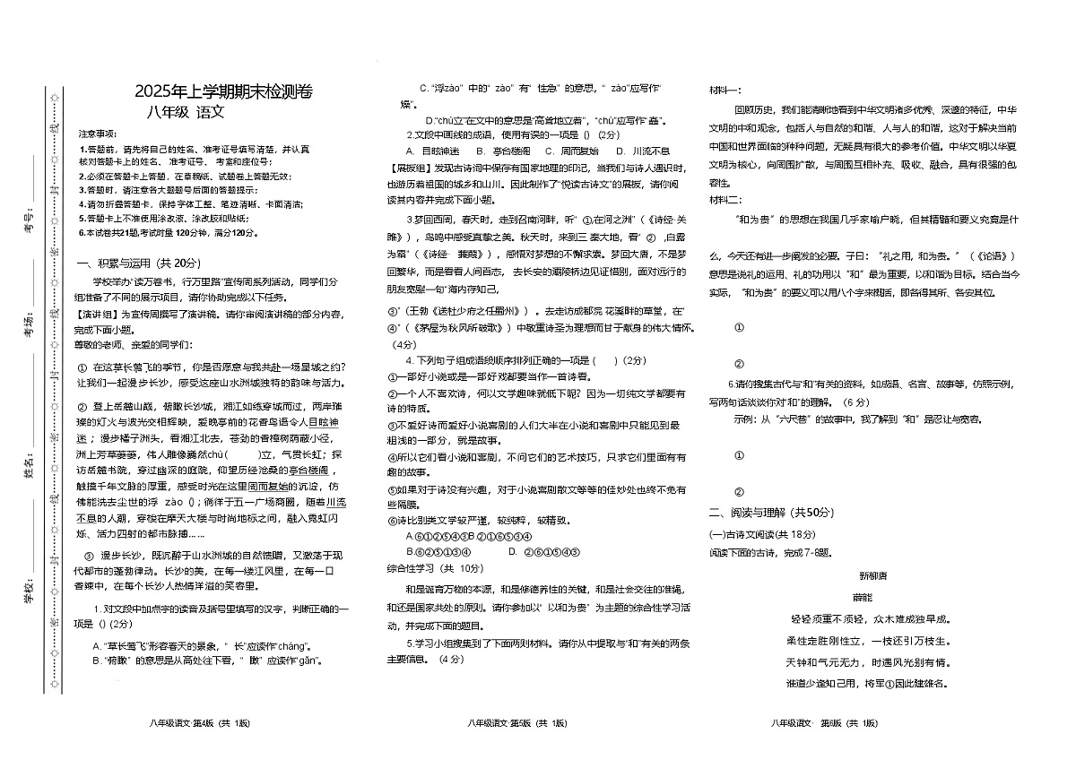 湖南省长沙市湖南师大附中特立学校2024-2025学年八年级下学期期末考试语文试题(含答案)第1页