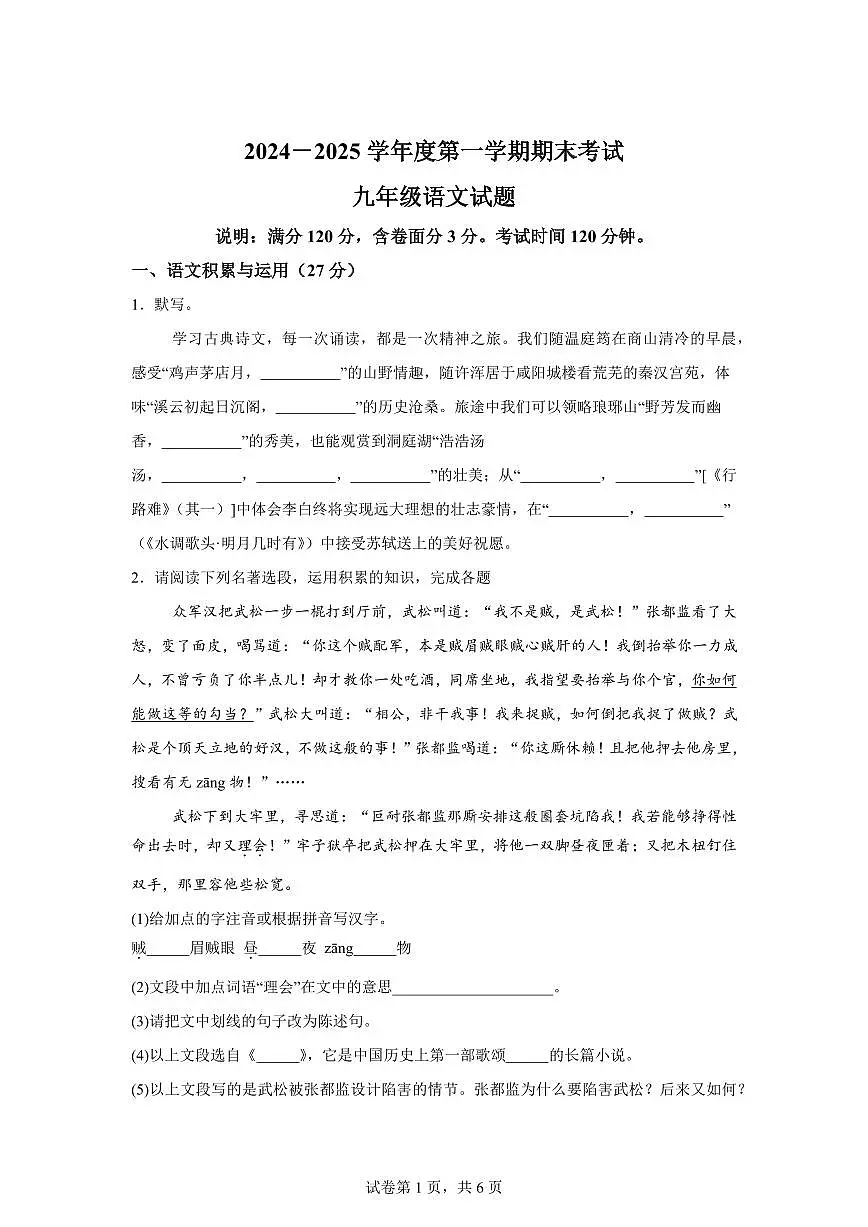 2024~2025学年安徽省池州市青阳县九年级上学期期末语文试卷第1页