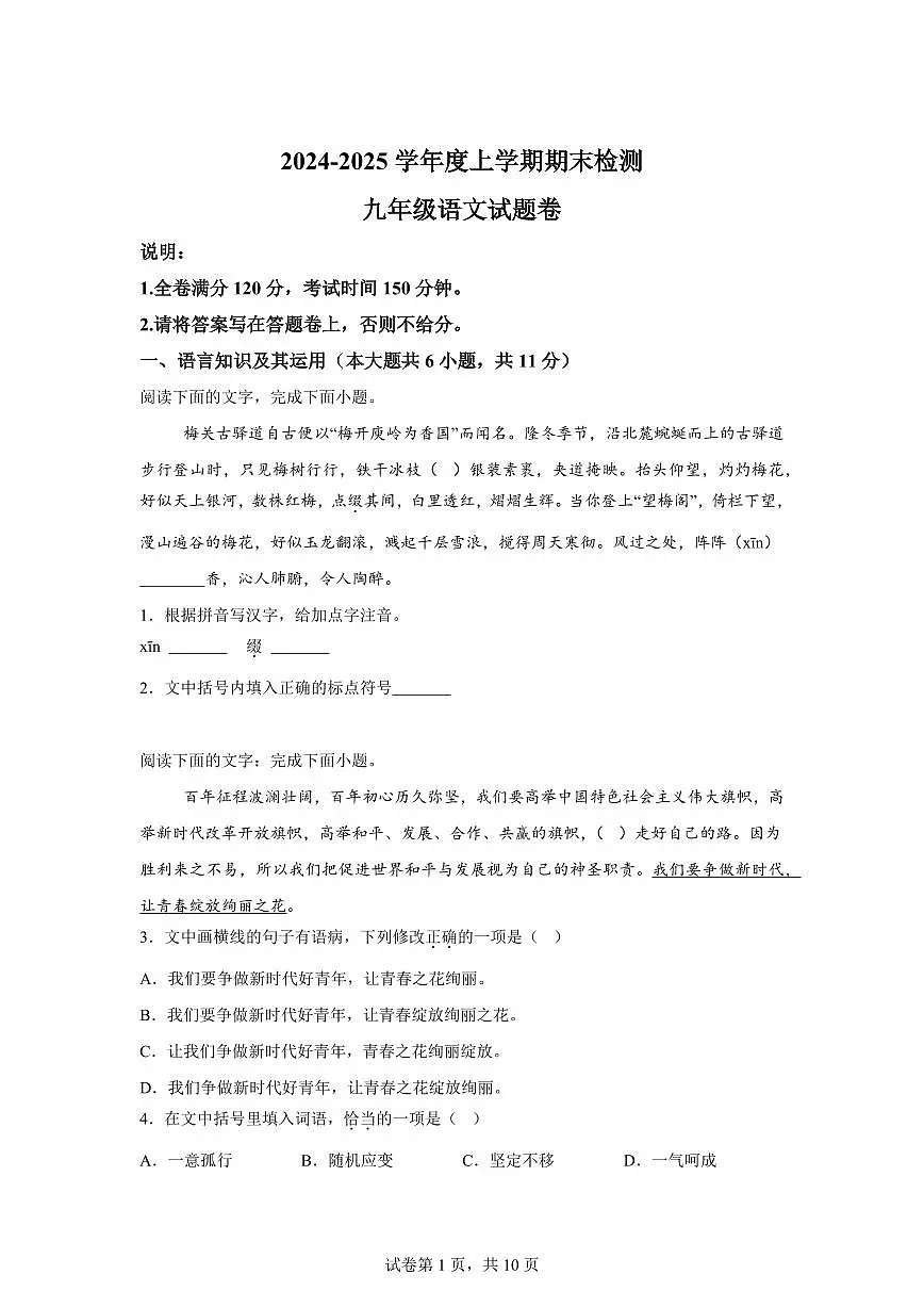 2024~2025学年江西省赣州市大余县九年级上学期期末语文试卷第1页