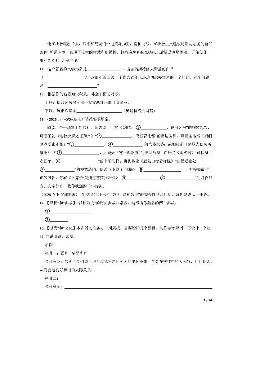 2024~2025学年甘肃省武威市第七中学八年级下语文期末考试试卷第3页