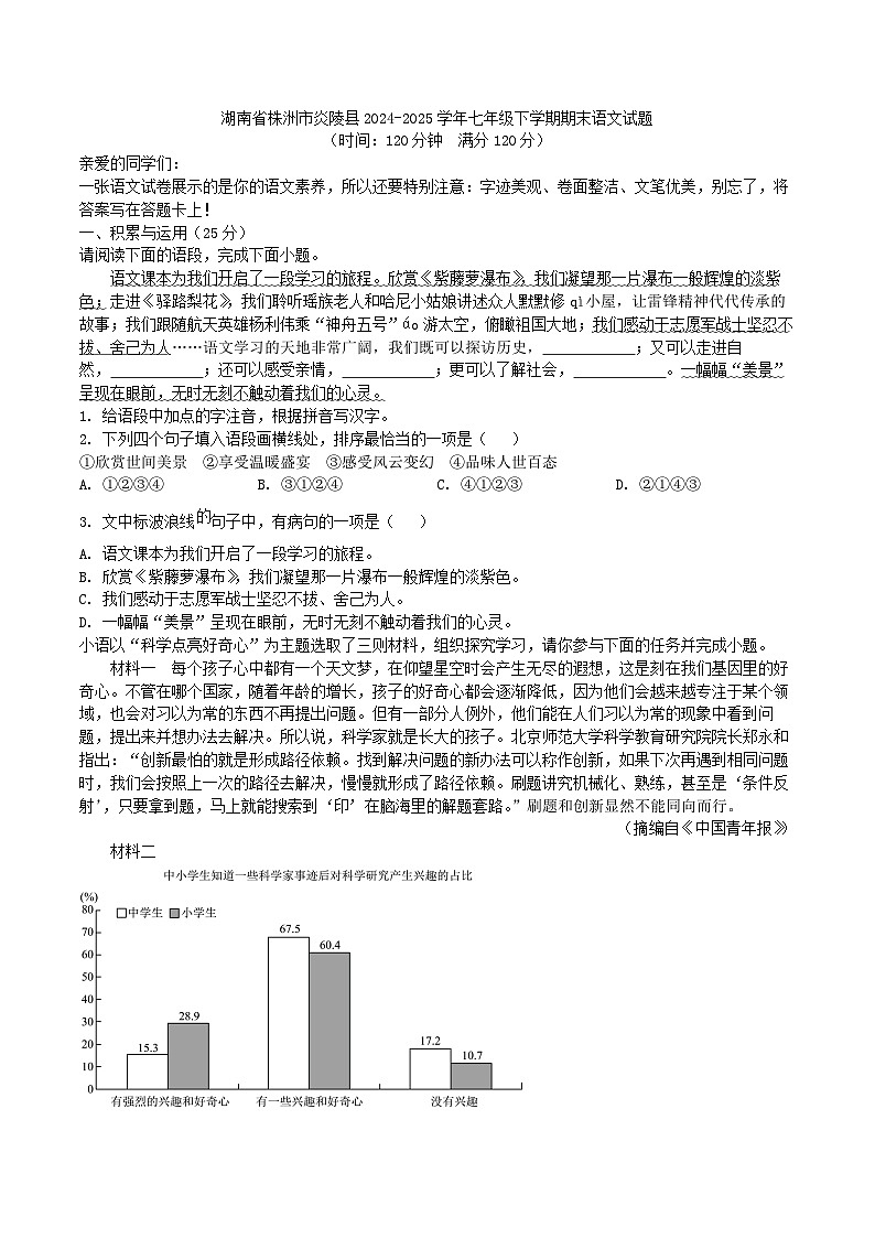 湖南省株洲市炎陵县2024-2025学年七年级下学期期末语文试题第1页