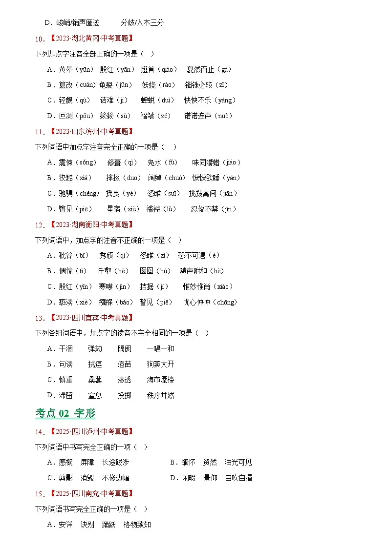 2023-2025年语文全国中考真题分类汇编 专题01 字音字形第3页