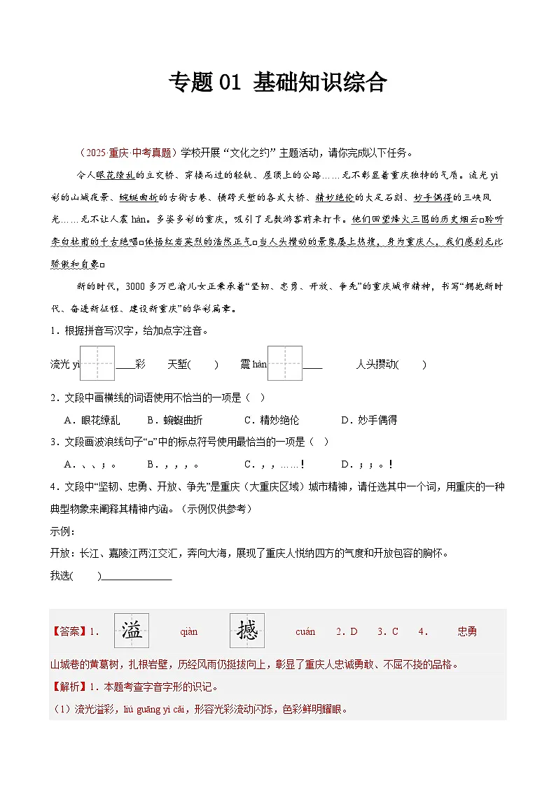 2025年中考语文真题分类汇编(全国通用)专题01 基础知识综合(第1期)(解析版)第1页