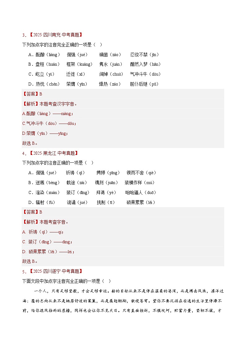 三年(2023-2025)中考语文真题分类汇编:专题01 字音字形(全国通用)(解析版)第2页