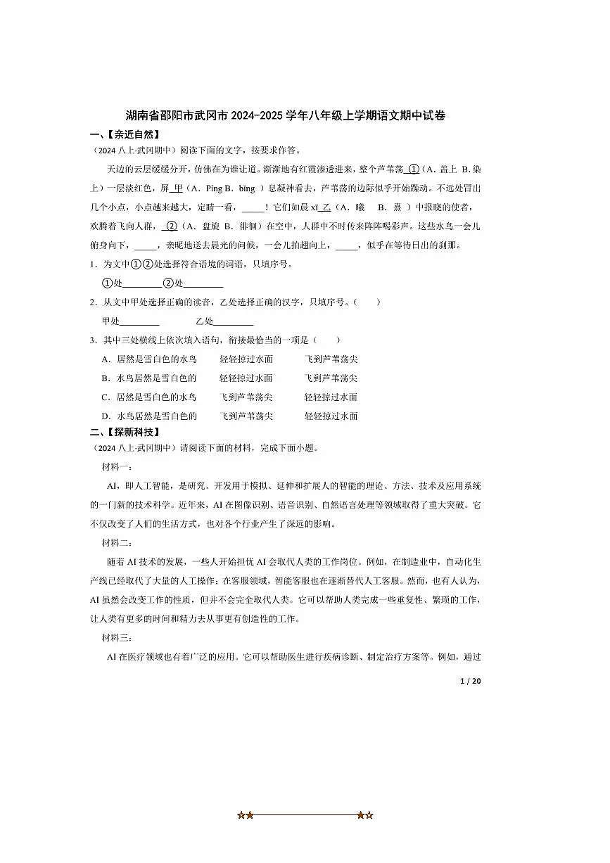 2024~2025学年湖南省邵阳市武冈市八年级上语文期中试卷第1页