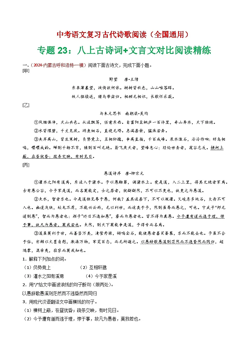 专题23:八上古诗词+文言文对比阅读精练-中考语文复习 古代诗歌阅读(全国通用)(学生版)第1页