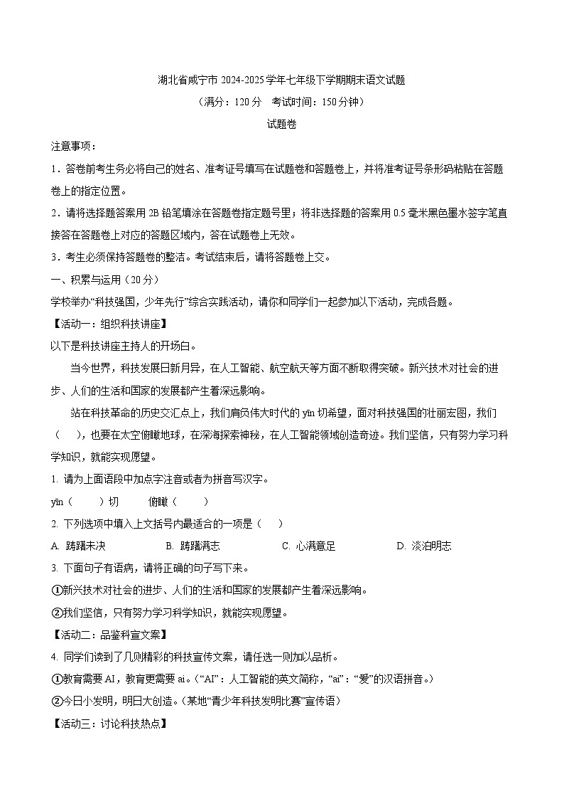 湖北省咸寧市2024-2025學年七年級下學期期末語文試題第1頁