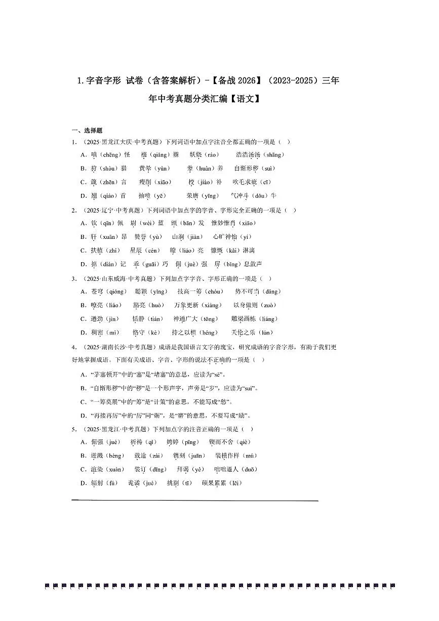 备考2026五年中考真题语文分类汇编 1.字音字形试卷(含答案解析)第1页